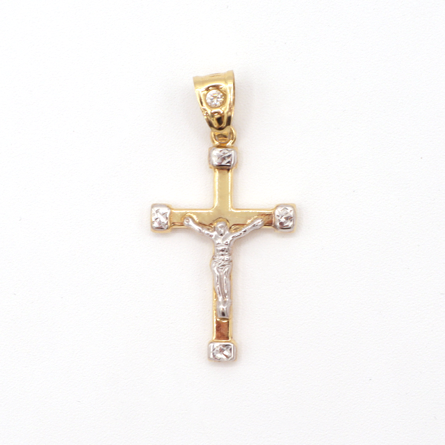 14K Pure Yellow Gold The Cross In the name of Jesus Christ White Gold Diamond Cut Charm - STF DIAMONDS