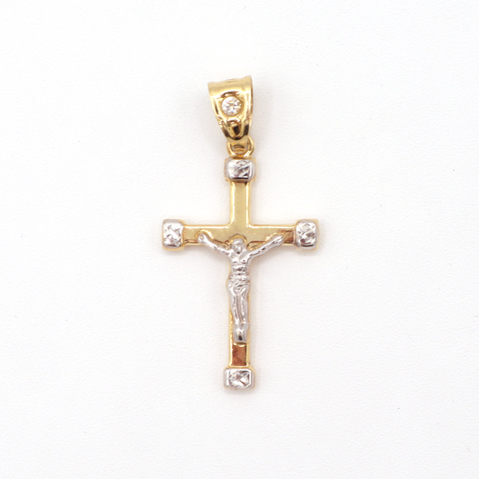 14K Pure Yellow Gold The Cross In the name of Jesus Christ White Gold Diamond Cut Charm - STF DIAMONDS