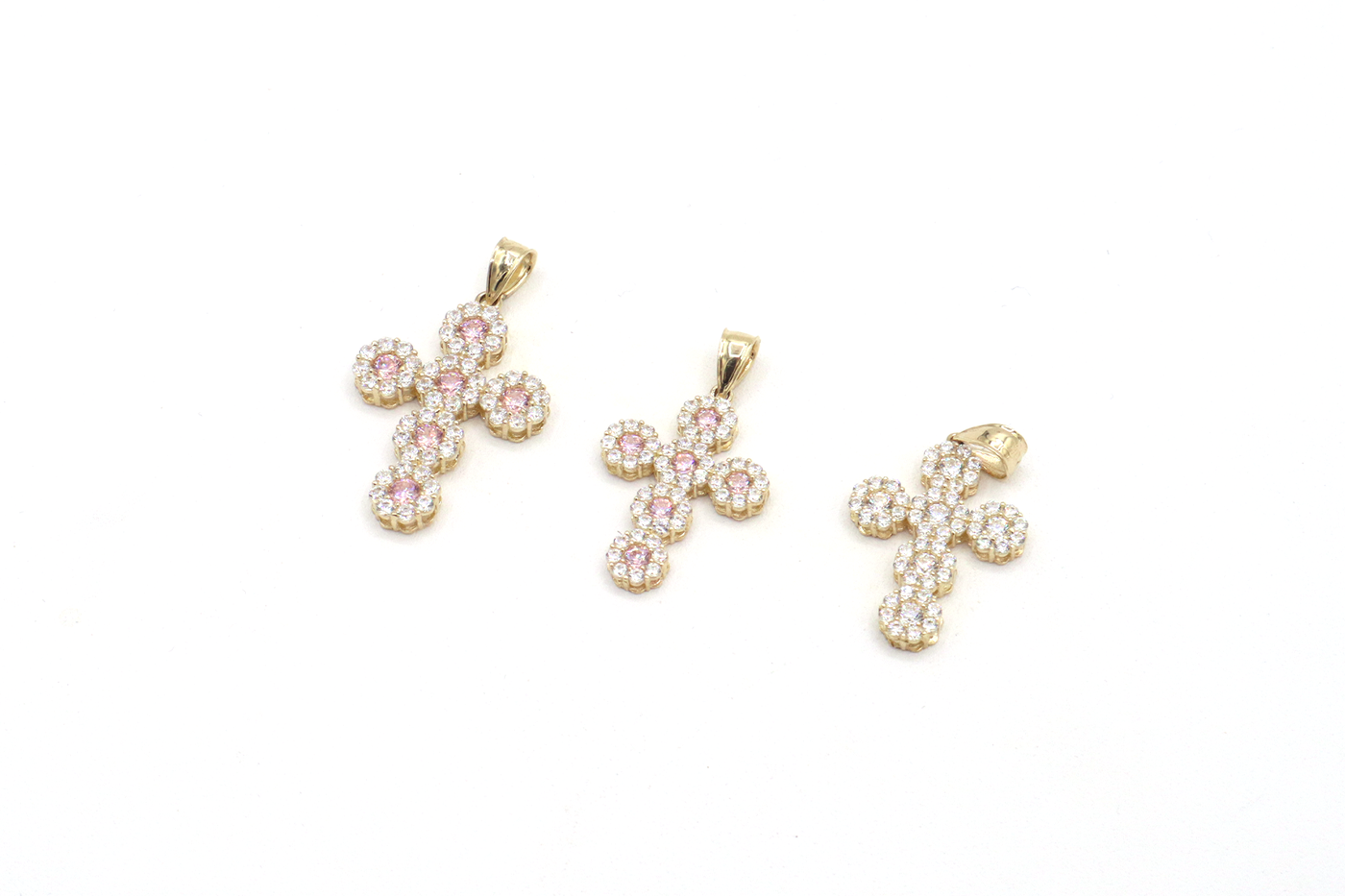 10K Solid Yellow Gold Pink & White CZ Cross Pendant