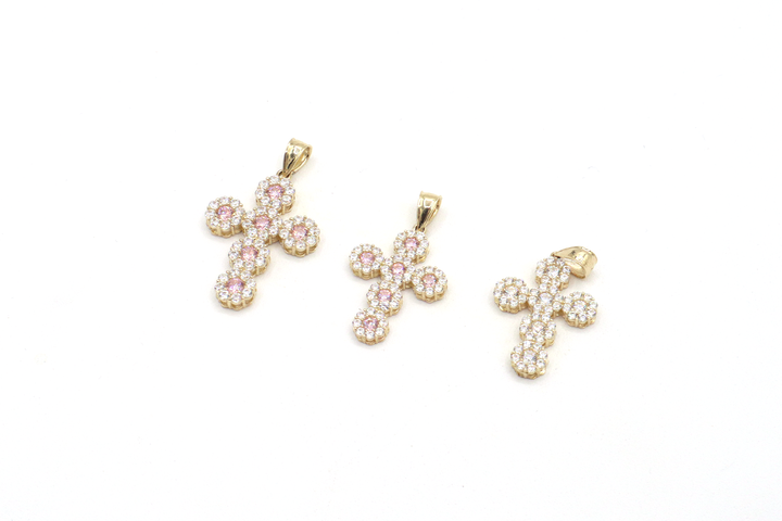 10K Solid Yellow Gold Pink & White CZ Cross Pendant