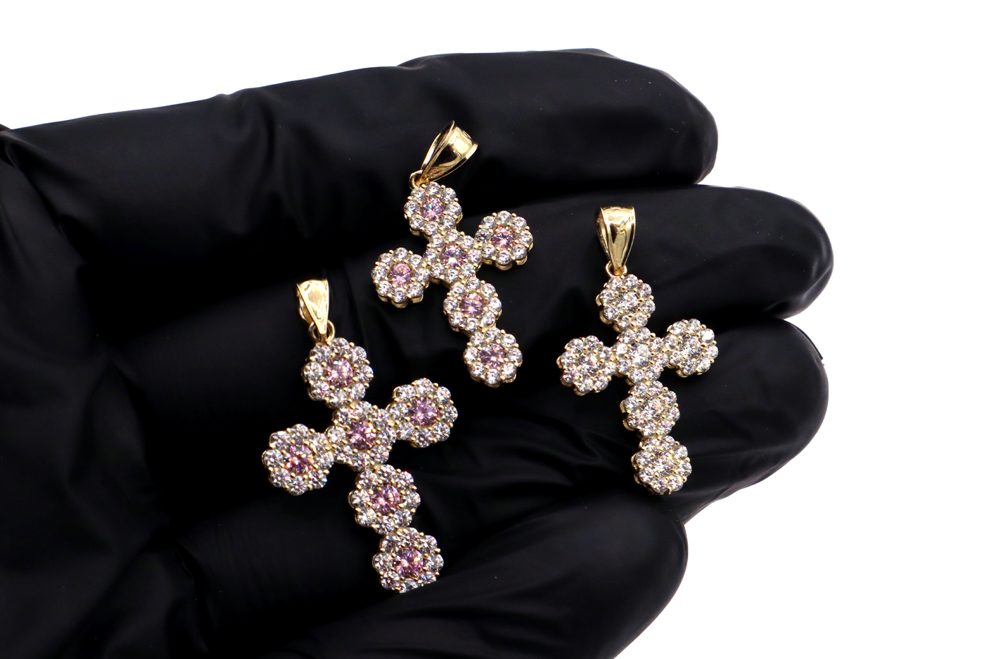 10K Solid Yellow Gold Pink & White CZ Cross Pendant