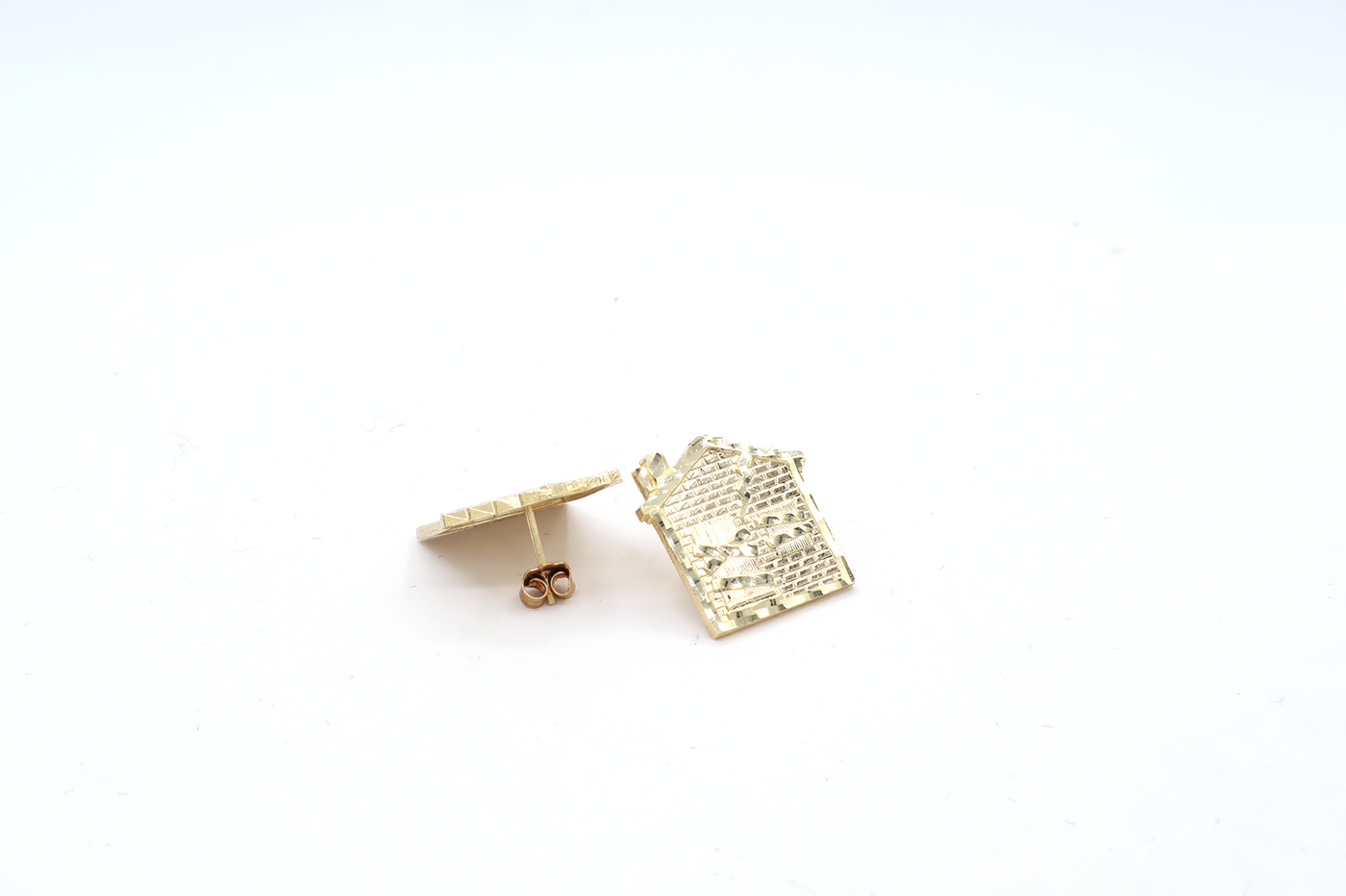 10K Solid Yellow Gold Diamond-Cut Trap House CZ Stud Earrings
