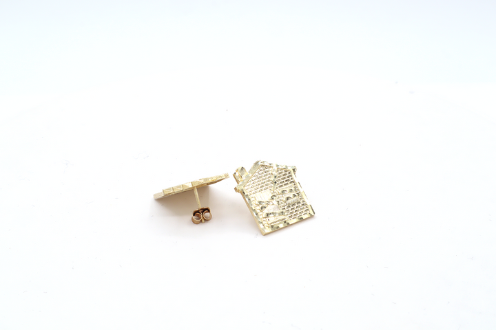 10K Solid Yellow Gold Diamond-Cut Trap House CZ Stud Earrings