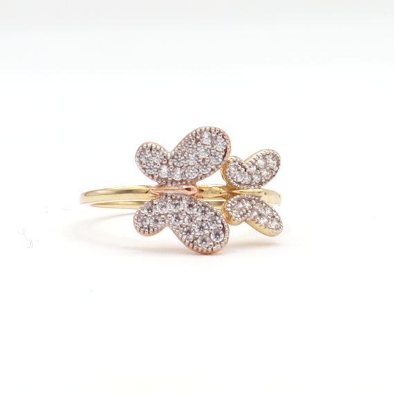 10K Solid Rose Gold Two Butterflies CZ Ring (Yellow & Rose Gold)