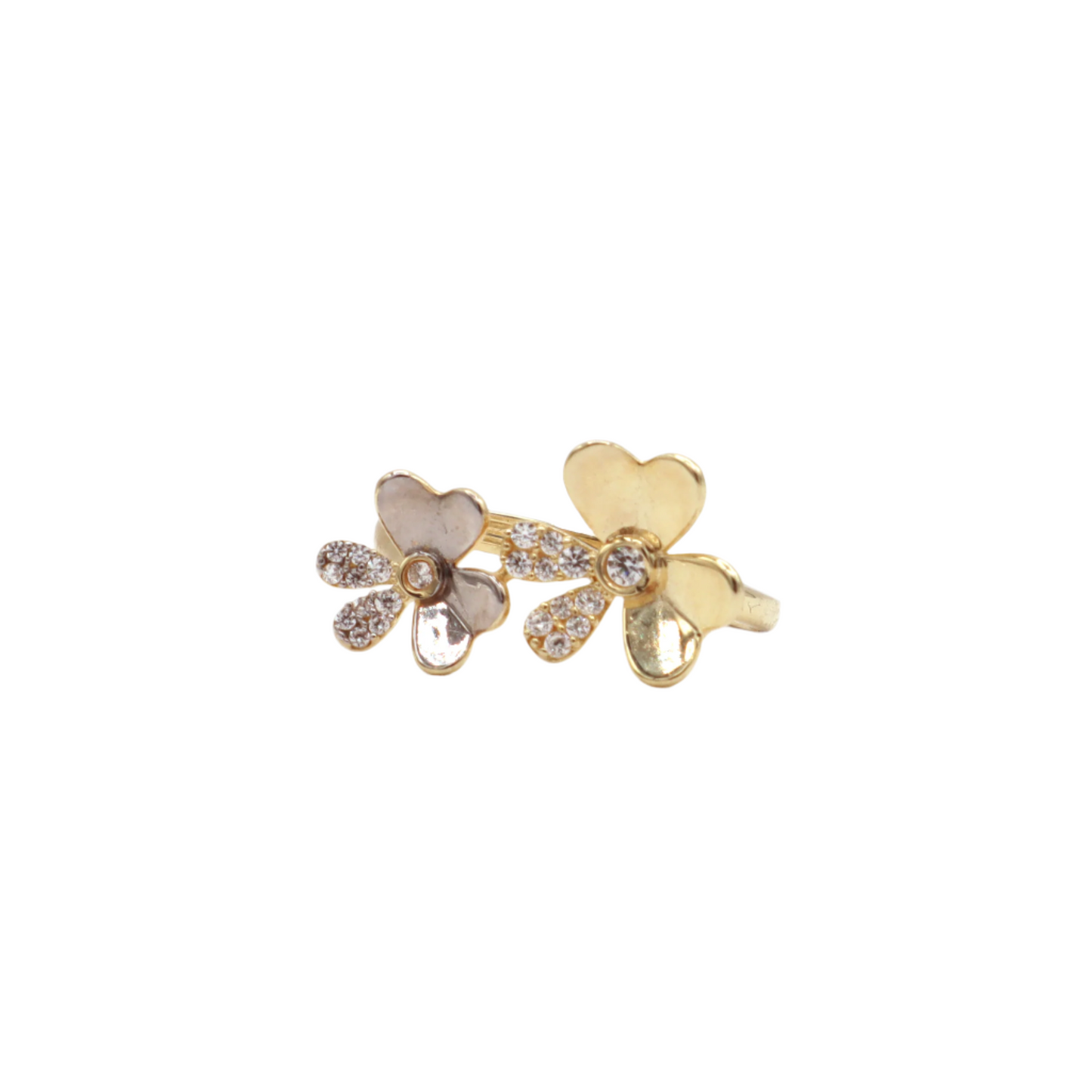 Two Flora flower with CZ,White Gold,Yellow Gold Women's Ring-10K Yellow Gold-CZ Cubic Zirconia | STF DIAMONDS JEWELRY