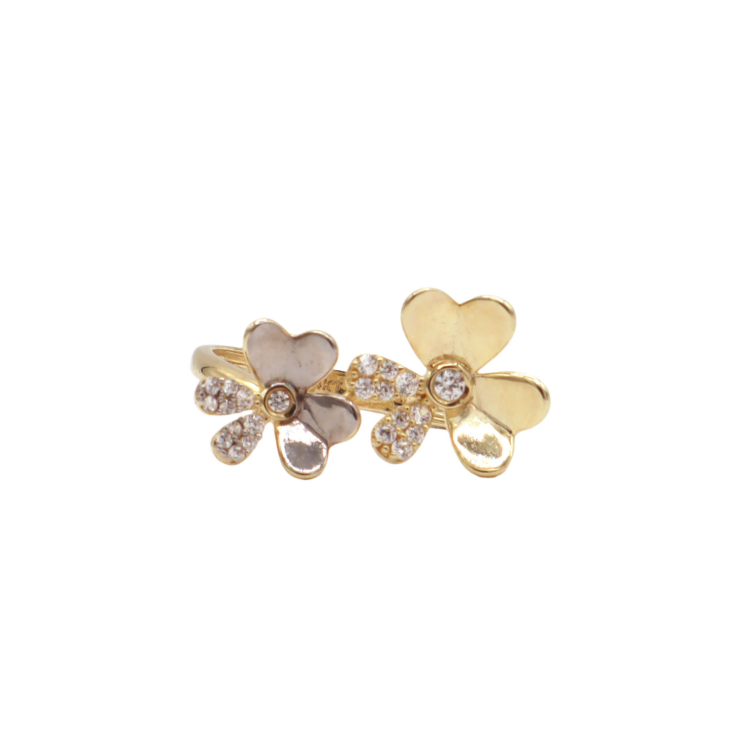 Two Flora flower with CZ,White Gold,Yellow Gold Women's Ring-10K Yellow Gold-CZ Cubic Zirconia | STF DIAMONDS JEWELRY