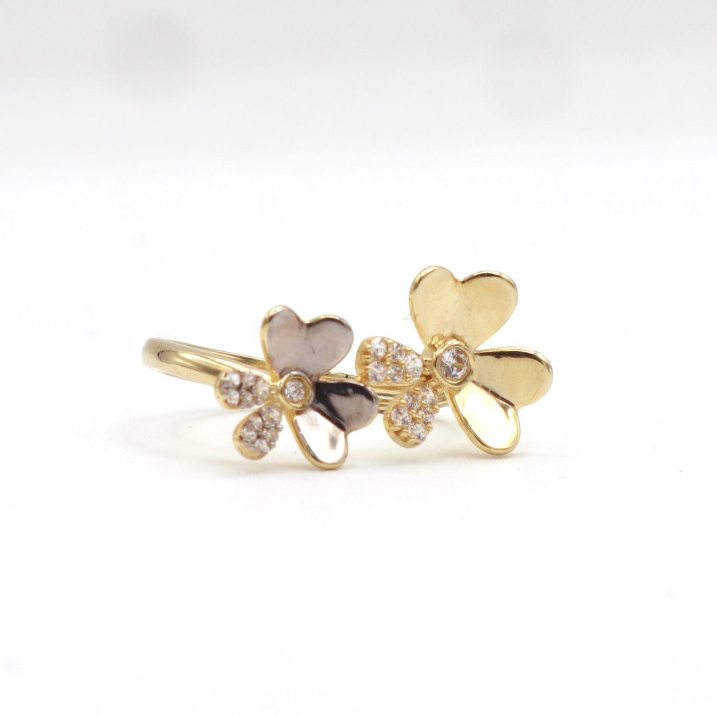 Two Flora flower with CZ,White Gold,Yellow Gold Women's Ring-10K Yellow Gold-CZ Cubic Zirconia | STF DIAMONDS JEWELRY