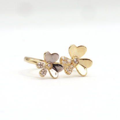 Two Flora flower with CZ,White Gold,Yellow Gold Women's Ring-10K Yellow Gold-CZ Cubic Zirconia | STF DIAMONDS JEWELRY