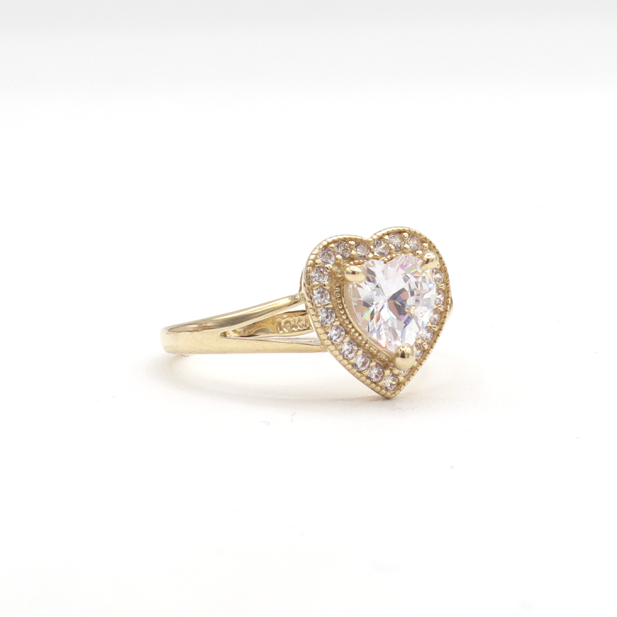 10K Solid Yellow Gold Two-Layer Heart CZ Engagement Ring