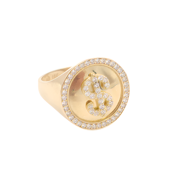 10K Solid Yellow Gold Money Sign CZ Ring