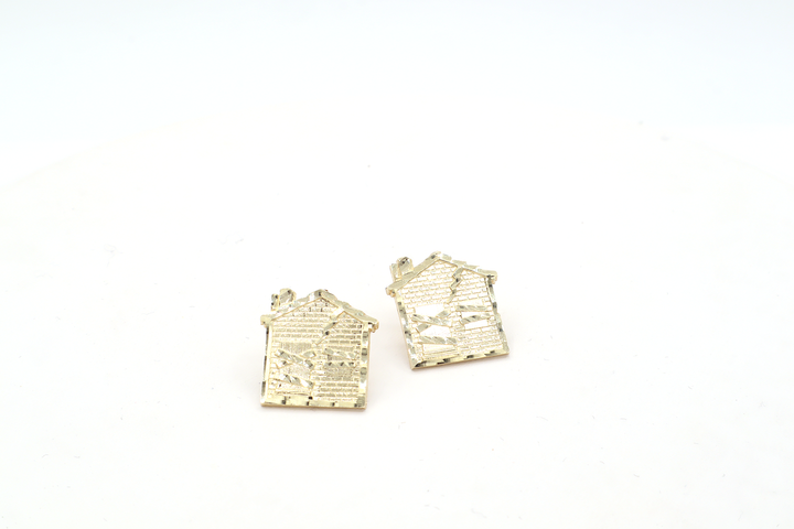 10K Solid Yellow Gold Diamond-Cut Trap House CZ Stud Earrings