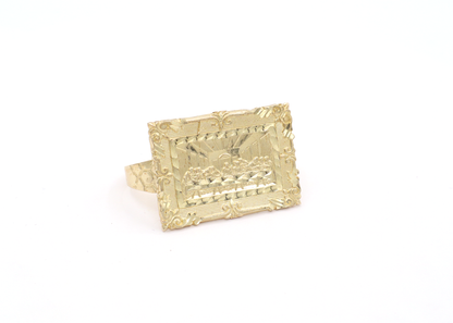 Men's Rectanglur Diamond cut 10K Gold Two finger RIng Jesus Last Supper