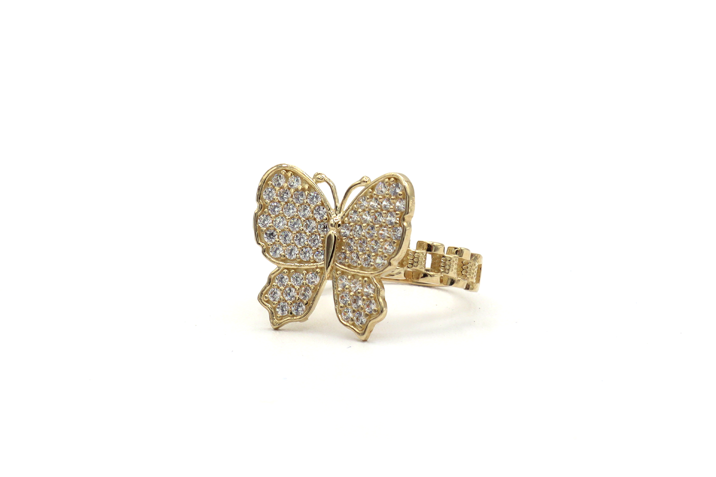 10K Solid Yellow Gold Butterfly Rolly Band Ring (Pink & White CZ)