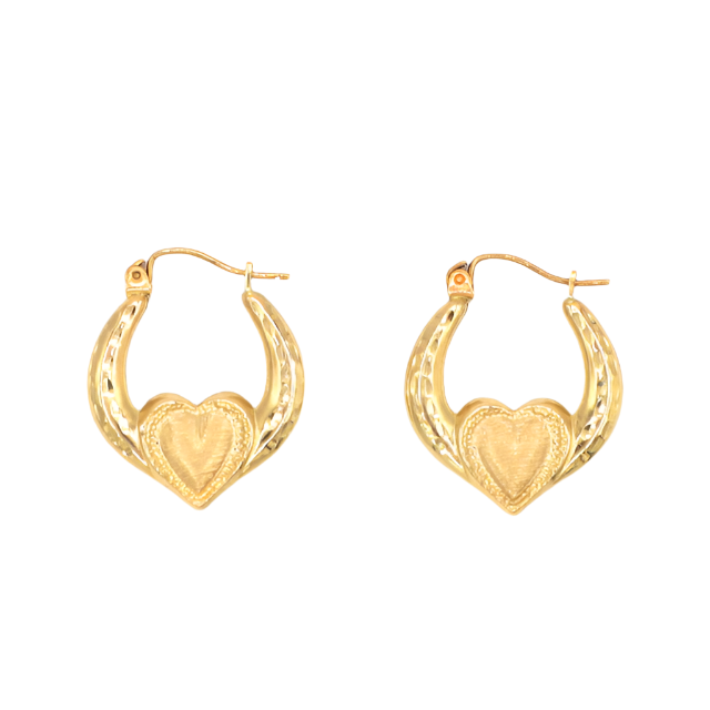 10K Solid Yellow Gold Diamond-Cut Holding Heart Hoop Earrings
