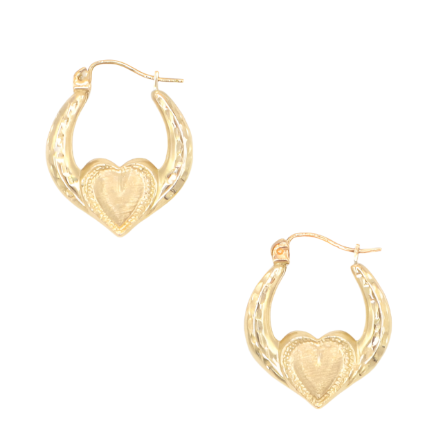 10K Solid Yellow Gold Diamond-Cut Holding Heart Hoop Earrings