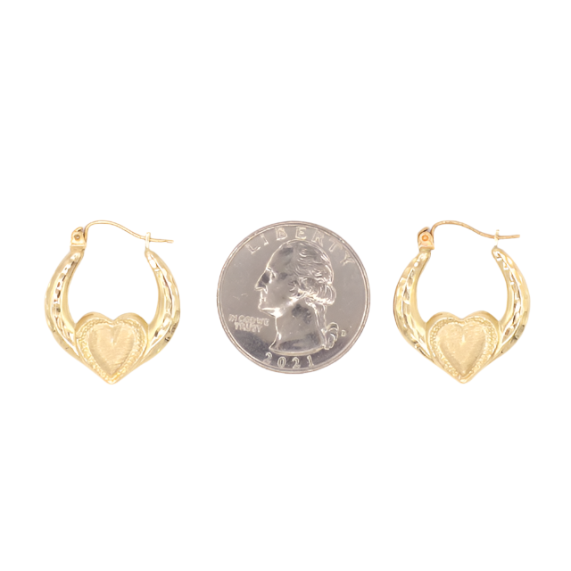 10K Solid Yellow Gold Diamond-Cut Holding Heart Hoop Earrings