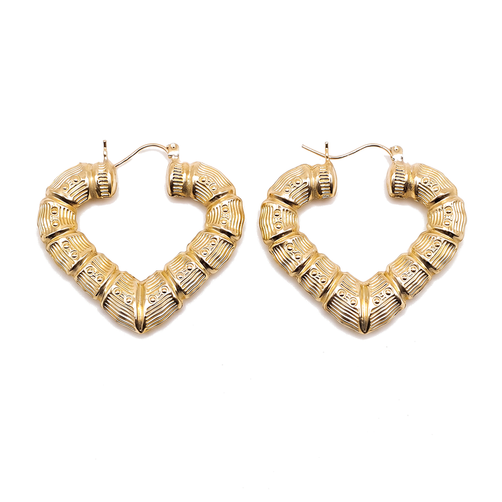 Amor Bamboo — Bamboo Heart Hoop Earrings 1.5", 10K Yellow Gold