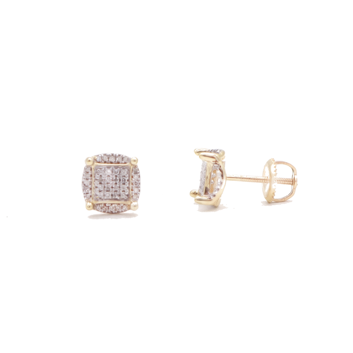 10K Solid Yellow Gold Square-in-Round Pave Diamond Stud Earrings