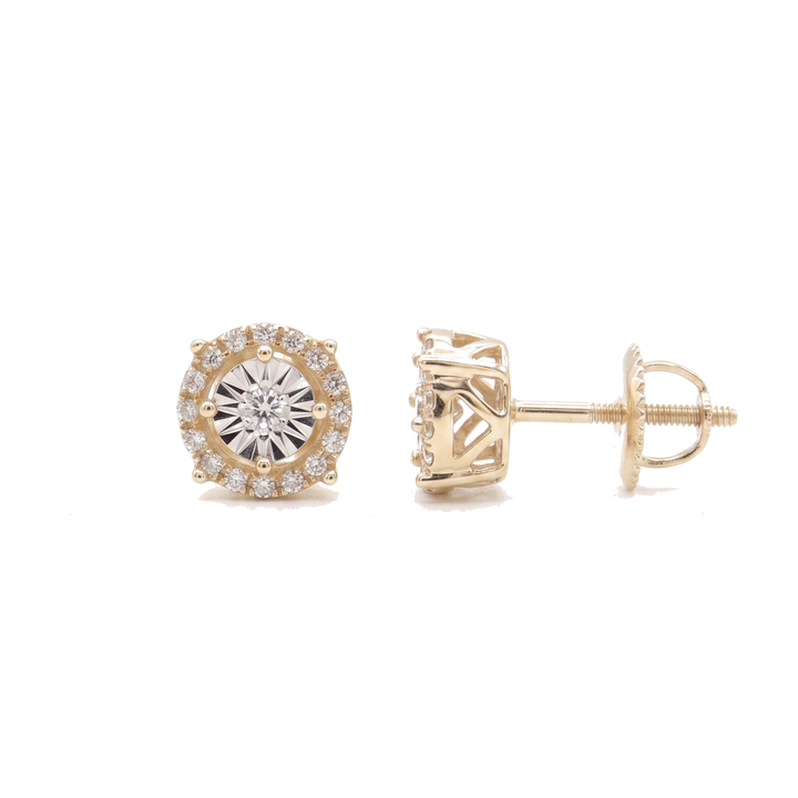 10K Solid Yellow Gold Illusion & Pave Diamond Earrings
