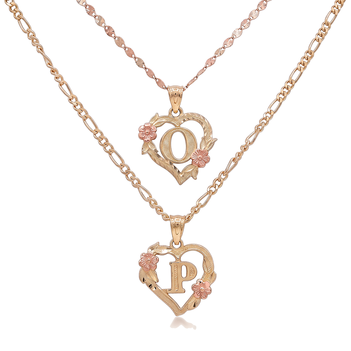10K Solid Rose Gold Heart Initial Charm with Rose Gold Flower