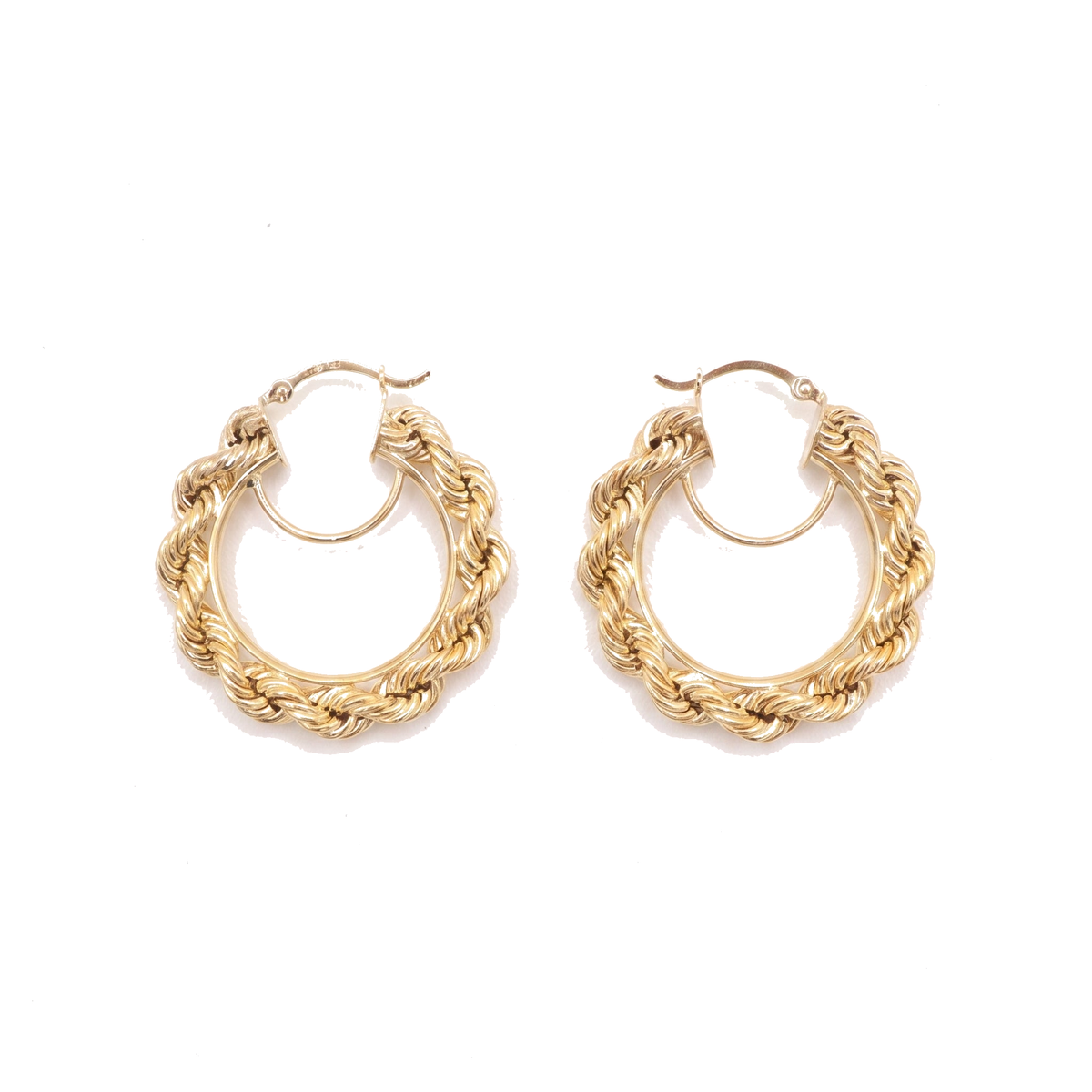 10K Solid Yellow Gold Diamond-Cut Rope Chain Hoop Earrings