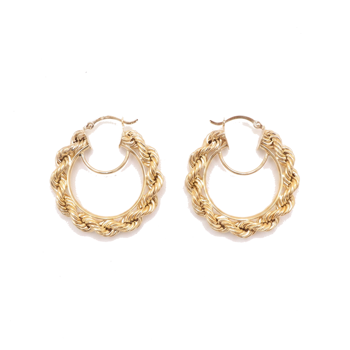 10K Solid Yellow Gold Diamond-Cut Rope Chain Hoop Earrings