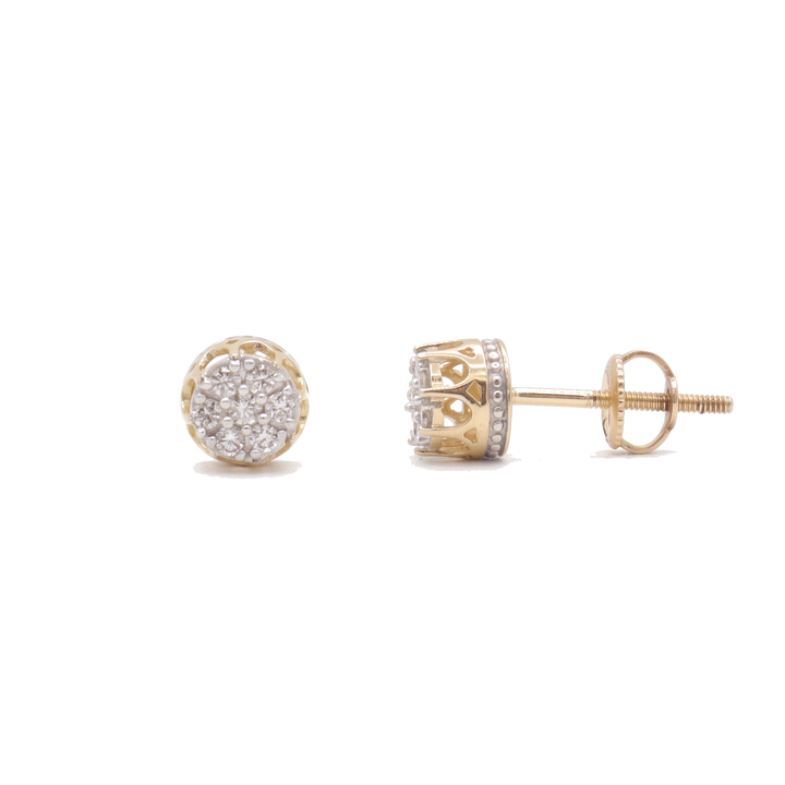 10K Solid Yellow Gold Crown Pave Diamond Stud Earrings