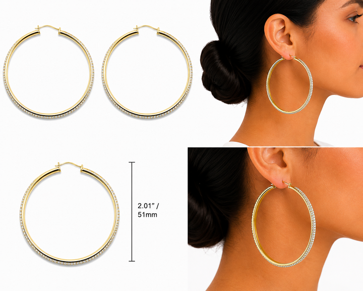 10K Gold CZ Shine Hoops 2in - real solid gold earrings on pure white, shown worn at true size. STF Diamonds, Los Angeles.
