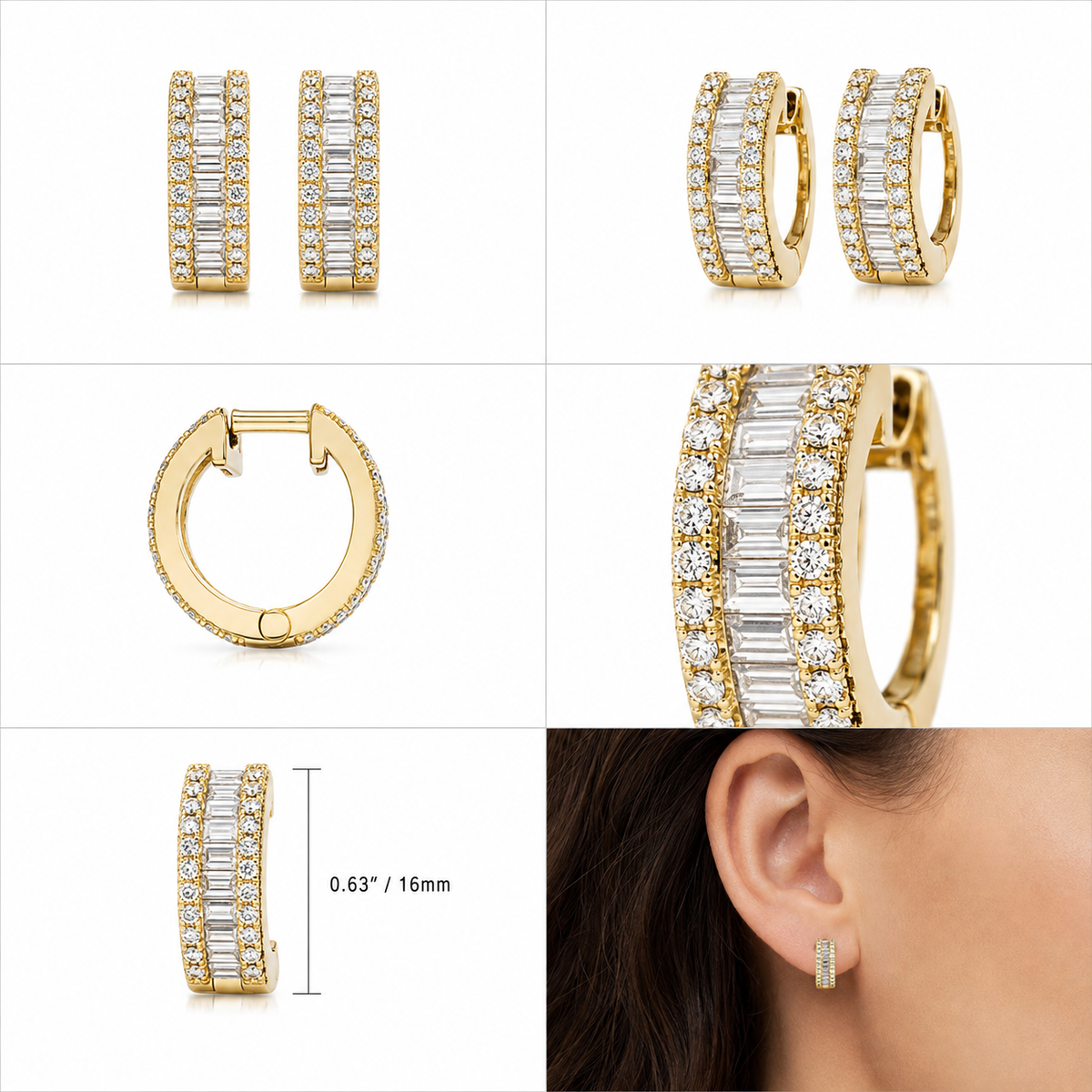 10K Gold Diamond Baguette Hoop Earrings - real solid gold earrings on pure white, shown worn at true size. STF Diamonds, Los Angeles.
