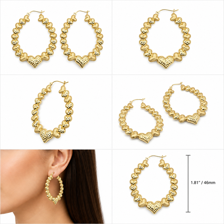 10K Gold Multi Heart Hoop Earrings 1.8 inch - real solid gold earrings on pure white, shown worn at true size. STF Diamonds, Los Angeles.