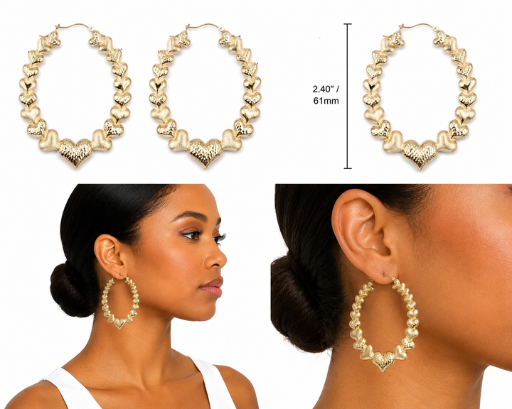 10K Gold Multi Heart Hoop Earrings 2.4 inch - real solid gold earrings on pure white, shown worn at true size. STF Diamonds, Los Angeles.
