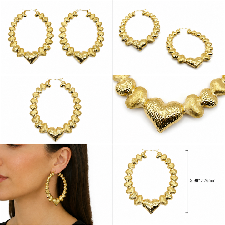 10K Gold Multi Heart Hoop Earrings 3 inch - real solid gold earrings on pure white, shown worn at true size. STF Diamonds, Los Angeles.