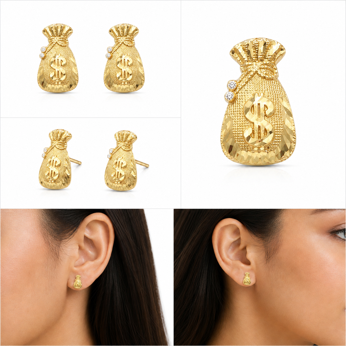 10K Solid Gold Money Bag Dollar Sign Stud Earrings - real solid gold earrings on pure white, shown worn at true size. STF Diamonds, Los Angeles.