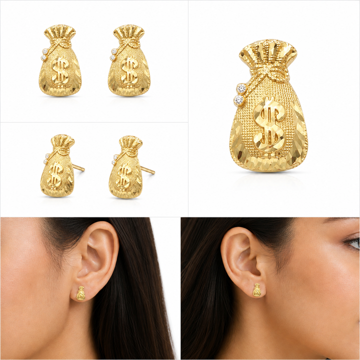 10K Solid Gold Money Bag Dollar Sign Stud Earrings - real solid gold earrings on pure white, shown worn at true size. STF Diamonds, Los Angeles.
