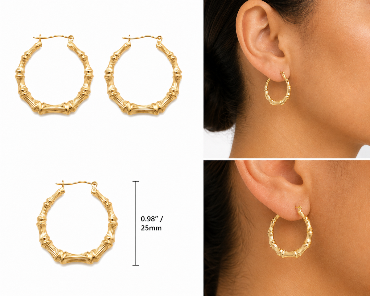 10K Solid Yellow Gold 1 inch Bamboo Hoop Earrings on white, shown on the ear at true 25 mm size - STF Diamonds Los Angeles