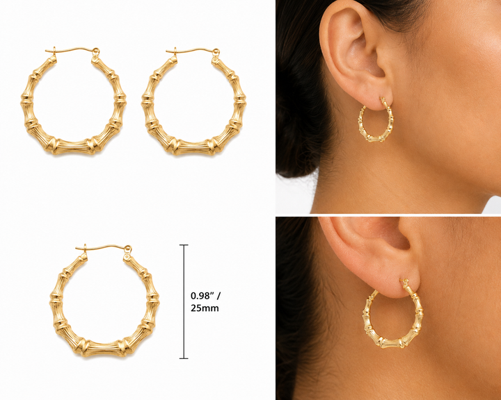 10K Solid Yellow Gold 1 inch Bamboo Hoop Earrings on white, shown on the ear at true 25 mm size - STF Diamonds Los Angeles