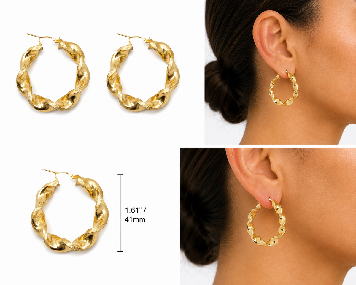 10K Solid Yellow Gold Chunky Twist Hoops 1.6in - real solid gold earrings on pure white, shown worn at true size. STF Diamonds, Los Angeles.