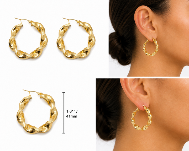 10K Solid Yellow Gold Chunky Twist Hoops 1.6in - real solid gold earrings on pure white, shown worn at true size. STF Diamonds, Los Angeles.