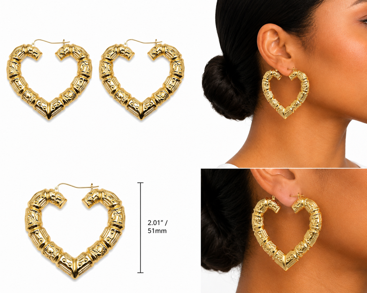 10K Yellow Gold Bamboo Heart Hoop Earrings 2 inch - real solid gold earrings on pure white, shown worn at true size. STF Diamonds, Los Angeles.