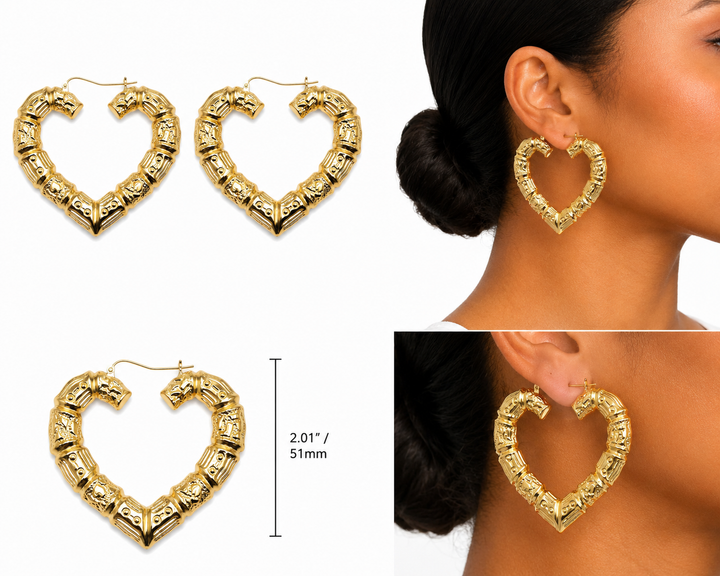 10K Yellow Gold Bamboo Heart Hoop Earrings 2 inch - real solid gold earrings on pure white, shown worn at true size. STF Diamonds, Los Angeles.