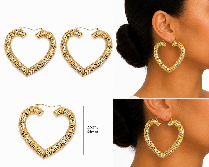 10K Yellow Gold Bamboo Heart Hoop Earrings 2.5 inch - real solid gold earrings on pure white, shown worn at true size. STF Diamonds, Los Angeles.