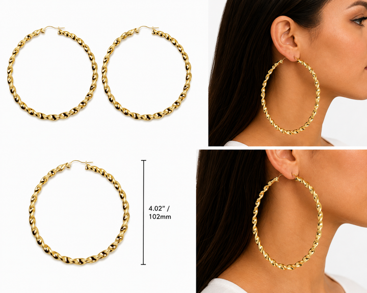 10K Yellow Gold 8mm Twist Hoops 4 inch - real solid gold earrings on pure white, shown worn at true size. STF Diamonds, Los Angeles.