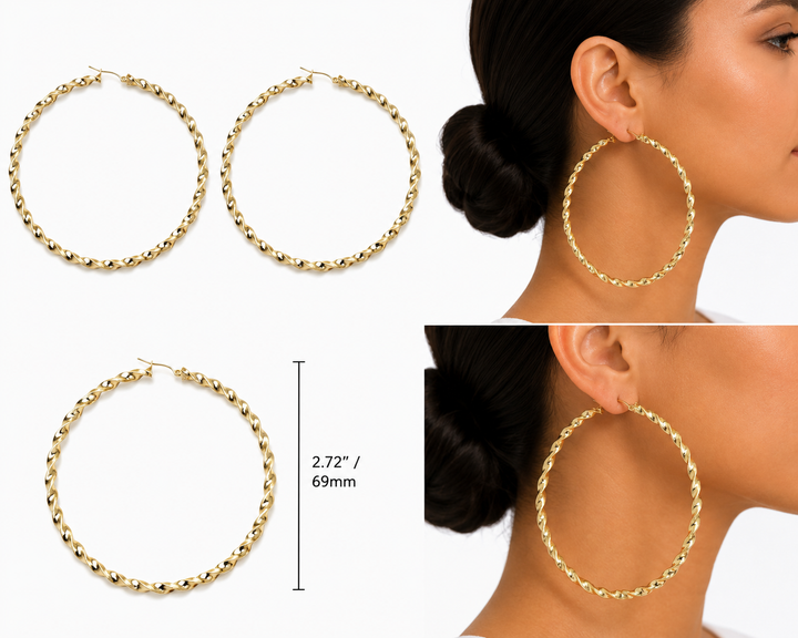 10K Yellow Gold 4.3mm Twist Hoop Earrings 2.7 inch diameter - real solid gold earrings on pure white, shown worn at true size. STF Diamonds, Los Angeles.