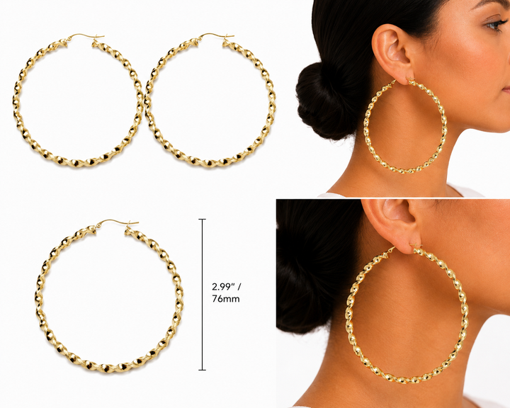 10K Yellow Gold 4.3mm Twist Hoop Earrings 3 inch diameter - real solid gold earrings on pure white, shown worn at true size. STF Diamonds, Los Angeles.