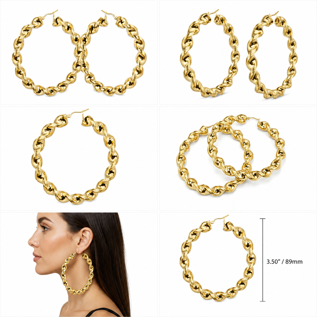 10K Yellow Gold 8mm Chunky Twist Hoops 3.5 inch - real solid gold earrings on pure white, shown worn at true size. STF Diamonds, Los Angeles.