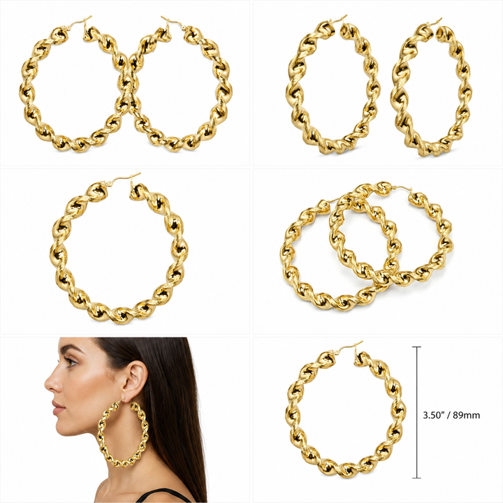 10K Yellow Gold 8mm Chunky Twist Hoops 3.5 inch - real solid gold earrings on pure white, shown worn at true size. STF Diamonds, Los Angeles.