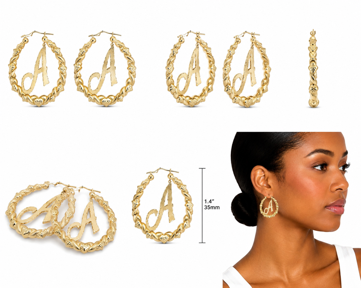 10K Yellow Gold All Heart Hoop Earrings 1.4 inch with Custom Initial - real solid gold earrings on pure white, shown worn at true size. STF Diamonds, Los Angeles.