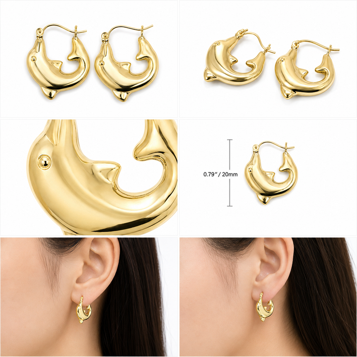 10K Yellow Gold At Sea Dolphin Hoops Small - real solid gold earrings on pure white, shown worn at true size. STF Diamonds, Los Angeles.