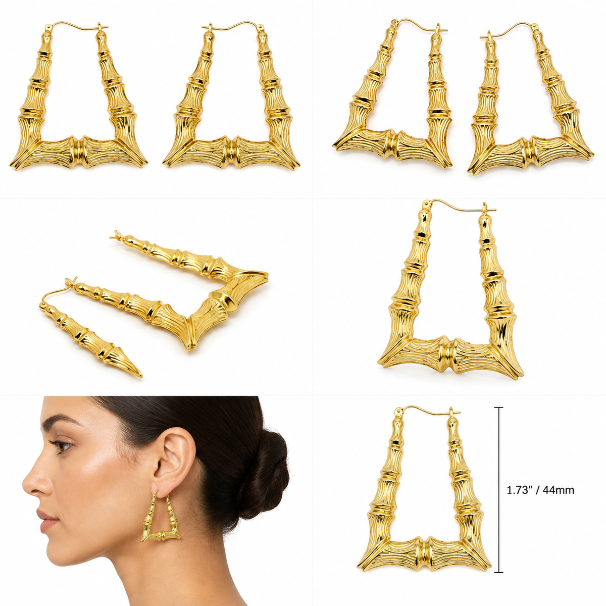 10K Yellow Gold Door Knocker Hoops 1.75 inch - real solid gold earrings on pure white, shown worn at true size. STF Diamonds, Los Angeles.