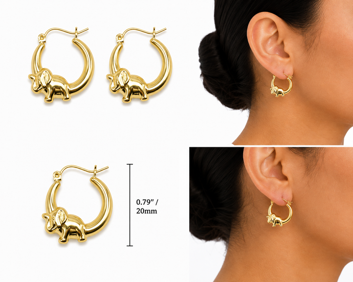 10K Yellow Gold Elephant High Polish Hoops Small - real solid gold earrings on pure white, shown worn at true size. STF Diamonds, Los Angeles.